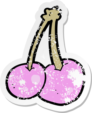 Bir insan tarafından çizilmiş pembe kiraz karikatürünün gerilimli retro yapıştırması.