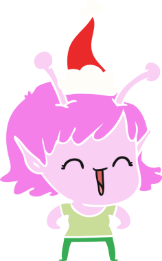 Bir insan tarafından çizilmiş Noel Baba şapkasıyla gülen uzaylı bir kızın el çizimi.