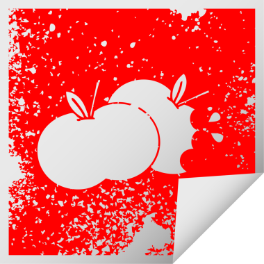 Bir insan tarafından çizilmiş sulu bir elmanın kare soyma etiketi.