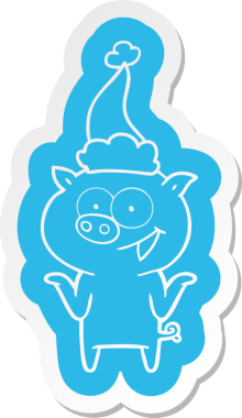 Bir insan tarafından çizilmiş Noel Baba şapkası giymekten korkmayan bir domuzun garip çizgi film çıkartması.