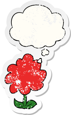 Düşünce baloncuğu olan karikatür çiçeği insan tarafından çizilmiş yıpranmış bir çıkartma gibi.