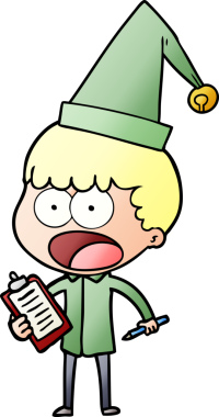 Karikatür, bir insan tarafından çizilmiş pano ve kalemle xmas elfini şok etti.