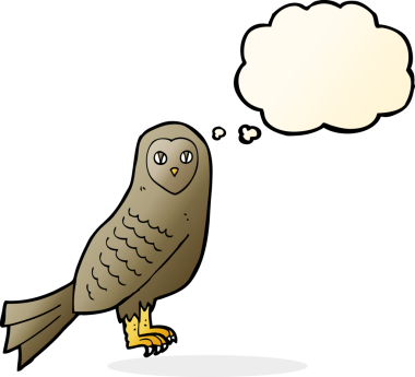 Bir insan tarafından çizilmiş düşünce baloncuklu çizgi film baykuşu