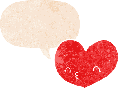 Yüzü konuşma baloncuğu olan karikatür bir insan tarafından çizilmiş dertli eski moda bir kalp.