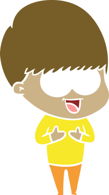 Bir insan tarafından çizilmiş mutlu düz renkli çizgi film çocuğu.