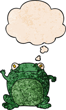 Bir insan tarafından çizilmiş grunge desenli düşünce baloncuğu olan çizgi film kurbağası.