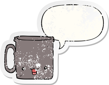 Konuşma baloncuklu çizgi film bardağı bir insan tarafından çizilmiş sıkıntılı eski bir çıkartma