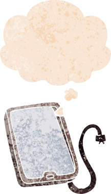 grunge 'da düşünce baloncuğu olan karikatür bilgisayar tableti bir insan tarafından çizilmiş tedirgin geçmiş dokuma tarzı