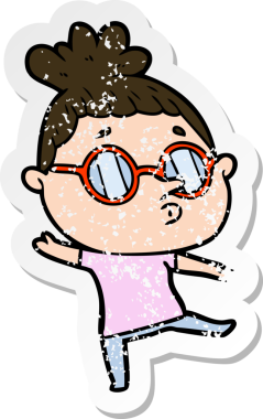 Bir insan tarafından çizilmiş gözlük takan karikatürlü bir kadının sıkıntılı çıkartması.