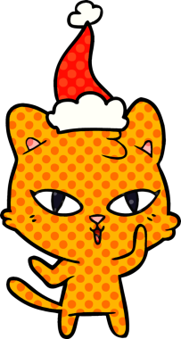 Bir insan tarafından çizilmiş Noel Baba şapkası takan bir kedinin el çizimi çizgi roman tasviri