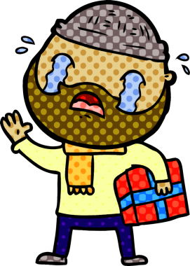 Karikatür sakallı adam bir insan tarafından çizilmiş Noel hediyesiyle ağlıyor.