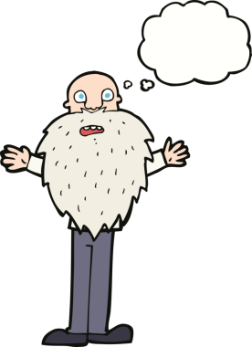 Karikatür sakallı yaşlı adam. Düşünce baloncuğu insan tarafından çizilmiş.