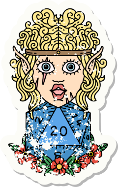 Bir insan tarafından çizilmiş doğal yirmi zarlı barbar bir elf karakterinin grunge çıkartması.