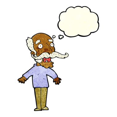 Bir insan tarafından çizilen düşünce baloncuğuyla şaşırmış yaşlı adam çizgi filmi.