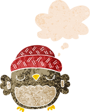 Şapkalı şirin bir baykuş. Grunge 'da düşünce baloncuğu var. Bir insan tarafından çizilmiş desenli.