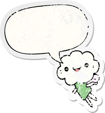 Konuşma baloncuğu olan karikatür başlıklı yaratık bir insan tarafından çizilmiş sıkıntılı eski bir çıkartma