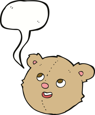 Bir insan tarafından çizilmiş konuşma balonlu oyuncak ayı kafası.