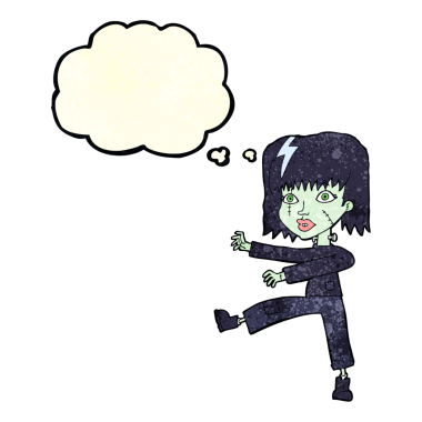 Bir insan tarafından çizilmiş düşünce balonlu zombi kız.