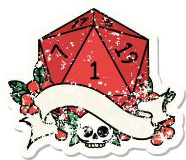 Bir insan tarafından çizilmiş doğal bir d20 zarının grunge çıkartması.