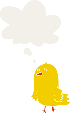 Düşünce baloncuğu olan çizgi film kuşu insan tarafından çizilmiş.