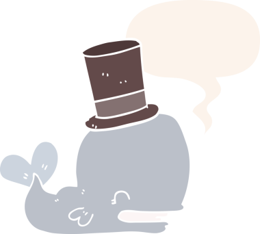 Çizgi film balinası şapkalı, konuşma baloncuğu olan bir insan tarafından çizilmiş.