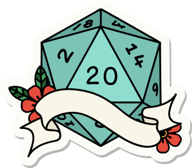 Bir insan tarafından çizilmiş 20 D20 zarının çıkartması.