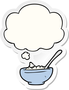 Düşünce baloncuklu pirinç kasesi insan tarafından çizilmiş bir çıkartma.