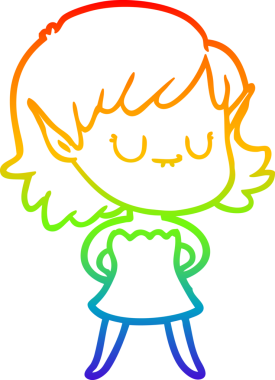 Gökkuşağı gradyan çizgisi mutlu çizgi film kızı bir insan tarafından çizilmiş elbise giyiyor.