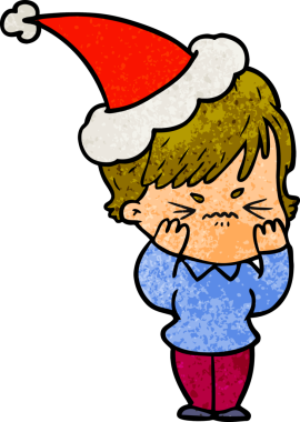 Bir insan tarafından çizilmiş Noel Baba şapkası giymiş hayal kırıklığına uğramış bir kadının el çizimi karikatürü.