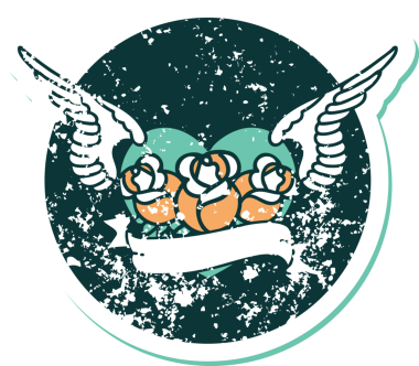 Bir insan tarafından çizilmiş çiçek ve pankartıyla uçan bir kalbin sembolik dövmeli resmi.