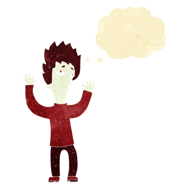 Bir insan tarafından çizilmiş düşünce baloncuğuyla pes eden vampir çizgi filmi.