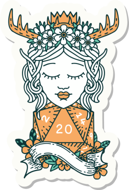 Bir insan tarafından çizilmiş 20 zarlı elf Druid karakterinin çıkartması.