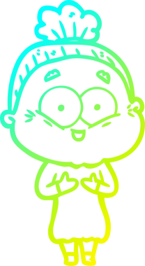 Bir insan tarafından çizilmiş, mutlu, yaşlı bir kadının çizimi.