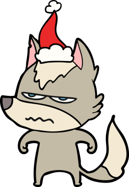 Bir insan tarafından çizilmiş Noel Baba şapkası giyen rahatsız bir kurdun el çizimi.