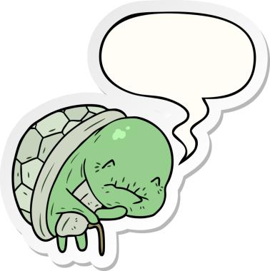 Bir insan tarafından çizilmiş konuşma baloncuğu çıkartmalı yürüyen yaşlı kaplumbağa.