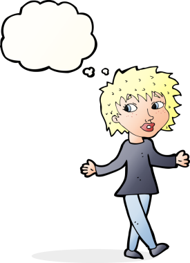 Bir insan tarafından çizilen düşünce baloncuğu ile ilgili endişesi olmayan çizgi film kadını.