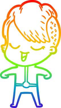 Gökkuşağı gradyan çizgisi mutlu bir çizgi film kızı bir insan tarafından çizilmiş fütüristik giysiler içinde