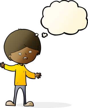 Bir insan tarafından çizilmiş düşünce baloncuğu olan mutsuz bir çocuk.