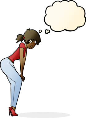 Bir insan tarafından çizilmiş düşünce balonuyla poz veren karikatür kadın.