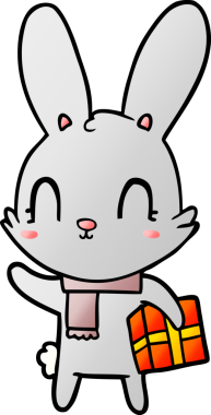 Bir insan tarafından çizilmiş Noel hediyeli şirin çizgi film tavşanı.