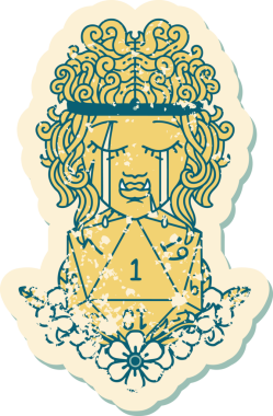 Retro Dövme Tarzı Hüzünlü Ork Barbar Karakter Yüzü Doğal bir D20 ruloyla Bir insan tarafından çizilmiş