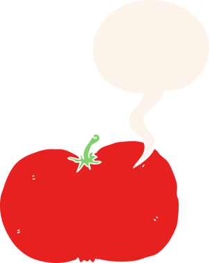 bir insan tarafından çizilmiş, konuşma baloncuklu çizgi film domatesi