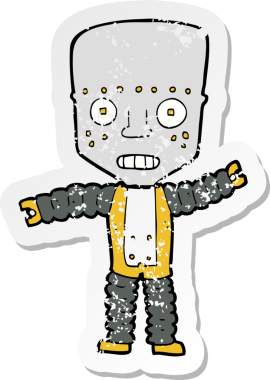 Bir insan tarafından çizilmiş karikatür robotunun gerilmiş yapıştırması.