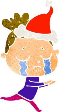 Bir insan tarafından çizilmiş Noel Baba şapkası takan ağlayan bir kadının el çizimi karikatürü.