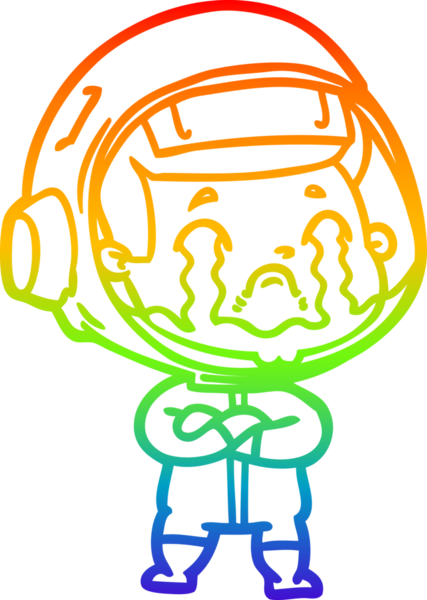 Gökkuşağı gradyan çizgi çizimi bir insan tarafından çizilmiş ağlayan astronot