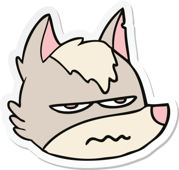 Bir insan tarafından çizilmiş rahatsız kurt suratlı bir çizgi film çıkartması.