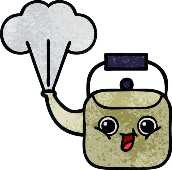 Bir insan tarafından çizilen dumanı tüten bir çaydanlığın retro grunge desenli karikatürü