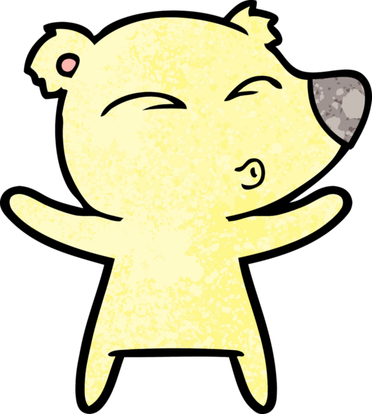 Bir insan tarafından çizilmiş kolları açık bir çizgi film ıslık çalan ayı.