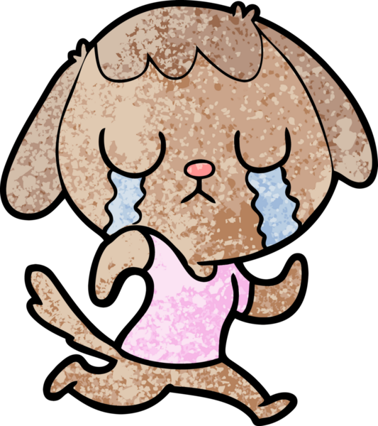 Bir insan tarafından çizilmiş şirin bir çizgi film köpeği ağlıyor.