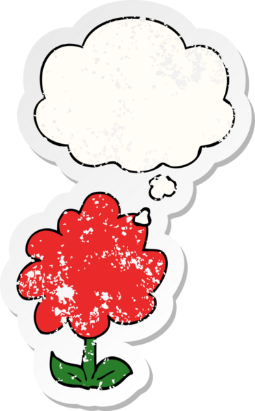 Düşünce baloncuğu olan karikatür çiçeği insan tarafından çizilmiş yıpranmış bir çıkartma gibi.